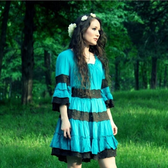 Urban Mango‎ Dress Boho Chic Turquoise Lace Tiered Size Large Women's - Picture 1 of 8